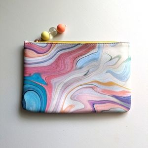 Marbled pink blue yellow beaded leather wallet purse mini makeup bag Ipsy satin